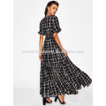 Frilled Sleeve Brush Stroke Grid Tiered Dress Manufacture Wholesale Fashion Women Apparel (TA3216D)